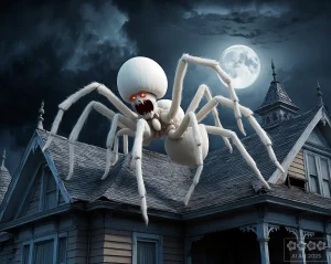 Eine gigantisch große, weiße Spinne auf einem Dach bei Nacht.