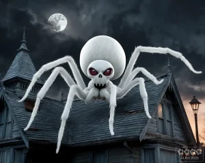 Eine gigantisch große, weiße Spinne auf einem Dach bei Nacht.