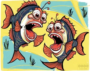 Karikaturen 2. Zwei Fische, die wegen irgendetwas Angst haben und schreien.