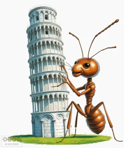 Ameise hält den schiefen Turm von Pisa fest.