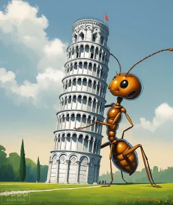 Karikaturen 2. Ameise stützt den schiefen Turm von Pisa.