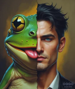 Portrait – halb Frosch, halb Mann.