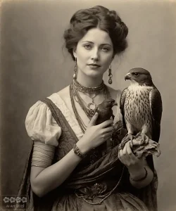 Menschen real 2. Eine Lady mit einem Fallken auf der Hand. Bild ist auf alt getrimmt.