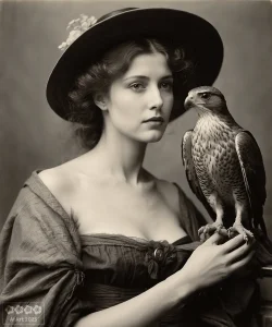 Eine Lady mit einem Fallken auf der Hand. Bild ist auf alt getrimmt.