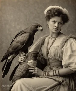 Eine Lady mit einem Fallken auf der Hand. Bild ist auf alt getrimmt.