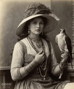 Menschen real 2. Eine Lady mit einem Fallken auf der Hand. Bild ist auf alt getrimmt.