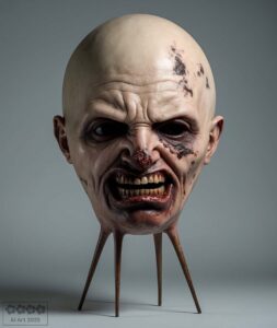 Ein blutiger Kopf mit 4 stockartigen Beinen.