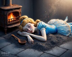 Das Märchen „Aschenputtel”. Aschenputtel liegt schlafend vor dem Kamin und ist staubig und schmutzig.