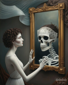 Das Märchen „Schneewittchen”. Die böse Stiefmutter steht vor dem Spiegel, in dem sich ein Skelett spiegelt.