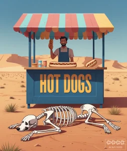 Ein Hot Dog Stand in der Wüste mit Verkäufer, im Vordergrund das Skelett eines Hundes