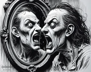 Gruselkabinett 2. Mann mit fratzenartigem Gesicht erschrickt vor seinem Spiegelbild und schreit.