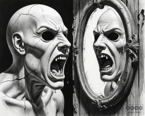 Gruselkabinett 2. Mann mit totenkopfartigem Gesicht erschrickt vor seinem Spiegelbild und schreit.