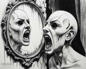 Mann mit totenkopfartigem Gesicht erschrickt vor seinem Spiegelbild und schreit.