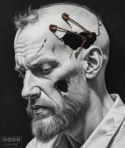 Gruselkabinett 2. Mann mit Loch im Kopf, das von Sicherheitsnadeln gehalten wird.