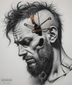 Mann mit Loch im Kopf, das von Sicherheitsnadeln gehalten wird.