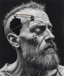 Gruselkabinett 2. Mann mit Loch im Kopf, das von Sicherheitsnadeln gehalten wird.