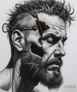 Mann mit Loch im Kopf, das von Sicherheitsnadeln gehalten wird.