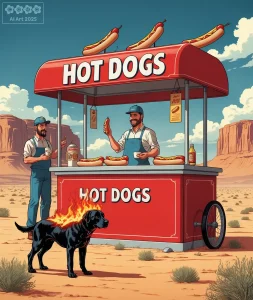 Hot Dog Stand in der Wüste mit Verkäufer und Kunde, im Vordergrund ein brennender Hund