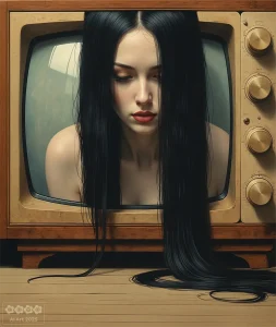 Frau steckt in einem alten Fernseher.