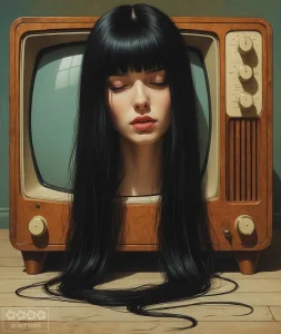 Phantasma 2. Frau steckt in einem alten Fernseher.