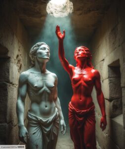 Zwei Statuen, eine weiß, die andere rot. Von oben kommt Licht, die rote Statue berührt mit ihrer Hand das Licht.