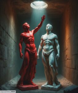 Phantasma 3. Zwei Statuen, eine weiß, die andere rot. Von oben kommt Licht, die rote Statue berührt mit ihrer Hand das Licht.