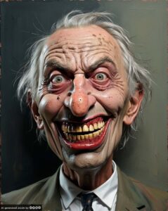 Portrait eines hässlichen, lachenden, älteren Mannes mit zotteligen grauen Haaren und Knollennase. Hervorstechend sind seine gelben Zähne.