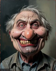 Portrait eines hässlichen, lachenden, älteren Mannes mit zotteligen grauen Haaren und Knollennase. Hervorstechend sind seine gelben Zähne.