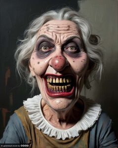 Menschen „real” 2. Portrait einer hässlichen, lachenden, älteren Frau mit zotteligen grauen Haaren und Knollennase. Hervorstechend sind ihre gelben Zähne.