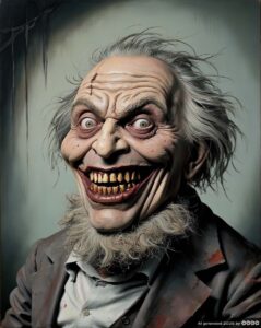 Menschen „real” 2. Portrait eines hässlichen, lachenden, älteren Mannes mit grauem Bart und zotteligen grauen Haaren. Hervorstechend sind seine gelben Zähne.