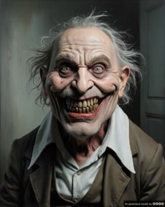 Portrait eines hässlichen, lachenden, älteren Mannes mit zotteligen grauen Haaren. Hervorstechend sind seine gelben Zähne.