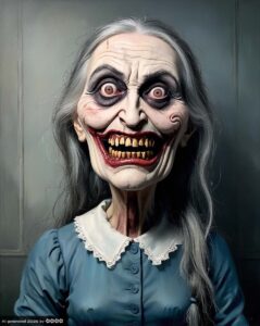 Portrait einer älteren, hässlichen, lachenden Frau mit langen grauen Haaren. Auffällig sind ihre gelben Zähne.