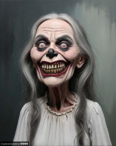 Menschen „real” 2. Portrait einer älteren, hässlichen, lachenden Frau mit langen grauen Haaren. Auffällig sind ihre gelben Zähne.