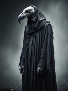 Phantasma 3. Eine Figur im schwarzen Gewand mit einem Geierkopf.