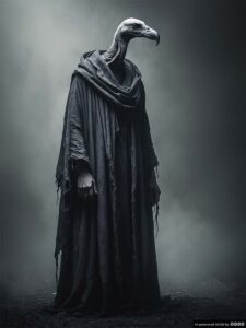 Phantasma 3. Eine Figur im schwarzen Gewand mit einem Geierkopf.