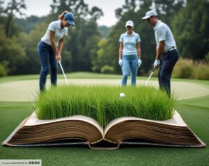 Phantasma 3. Ein aufgeschlagenes Buch. Auf den Seiten wächst hohes Gras, in dem ein Golfball zu sehen ist. Im Hintergrund sieht man drei Golfspieler.