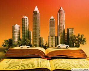 Ein aufgeschlagenes Buch in der City. Auf den Seiten fahren zwei Autos.