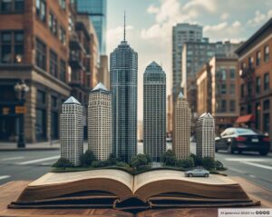 Ein aufgeschlagenes Buch in der City. Auf den Seiten stehen ein paar Wolkenkratzer und ein Auto.