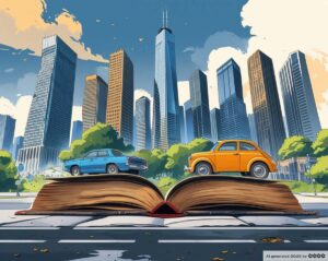 Phantasma 3. Ein aufgeschlagenes Buch in der City. Auf den Seiten fahren zwei Autos.