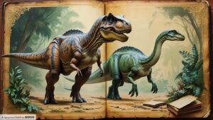 Phantasma 3. Ein altes, aufgeschlagenes Naturkundebuch. Zwei Dinos treten daraus hervor.