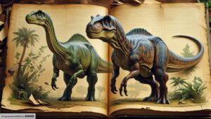Ein aufgeschlagenes, altes Naturkundebuch. Zwei Dinos treten daraus hervor.