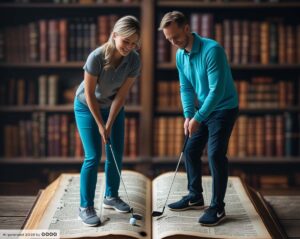 Ein altes, aufgeschlagenes Buch. Ein Pärchen spielt darauf Golf.