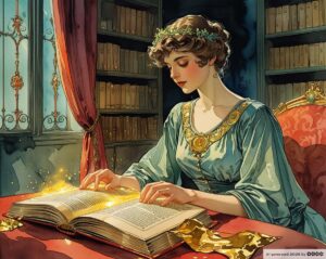 Phantasma 3. Ein altes, aufgeschlagenes Buch liegt auf dem Tisch vor einer Frau. Aus einer Seites des Buches kommen goldene Sterne und Glitzer.