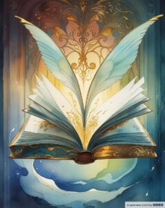 Ein aufgeschlagenes Buch fliegt. Zwei Flügel schweben über dem Buch.