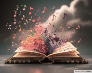 Phantasma 3. Ein aufgeschlagenes Buch. Noten fliegen aus dem Buch heraus.