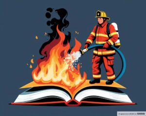 Phantasma 3. Ein aufgeschlagenes Buch. Die linke Seite brennt und wird von einem Feuerwehrmann gelöscht (Illustration).