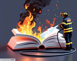Ein aufgeschlagenes Buch. Die linke Seite brennt und wird von einem Feuerwehrmann gelöscht (Illustration).
