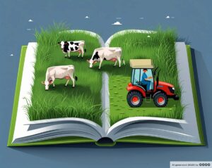 Phantasma 3. Ein aufgeschlagenes Buch. Auf den Seiten wächst Gras, Kühe grasen, und ein Traktor steht auf der Wiese.