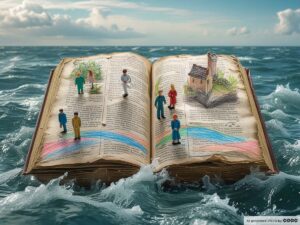 Phantasma 3. Ein altes, aufgeschlagenes Buch schwimmt auf unruhiger See. Es wurde mit Buntstiften auf die Seiten gemalt. Außerdem sind ein paar kleine Menschen zu sehen.