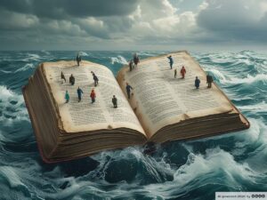 Phantasma 3. Ein altes, aufgeschlagenes Buch schwimmt auf unruhiger See. Ein paar kleine Menschen nutzen es als Rettungsinsel.